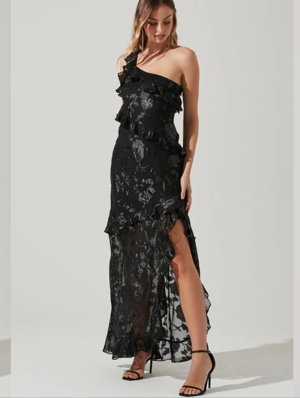 NEW ASTR The Label Andrea One Shoulder Floral Maxi Dress Black High Slit Prom L